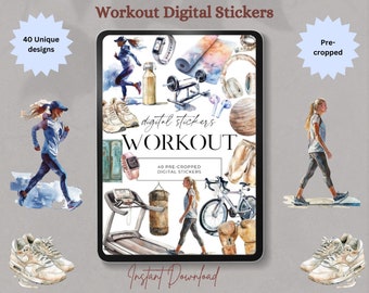 Workout Digital Stickers | 40 Pre-Cropped PNG Digital Stickers for Digital Planners, Digital Scrapbooking | Health, Fitness, Exercise, Gym