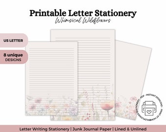 Printable Whimsical Wildflowers Letter Writing Stationery | Writing Paper, Notes, Memos, Junk Journals | Lined & Unlined | 8 Unique Styles