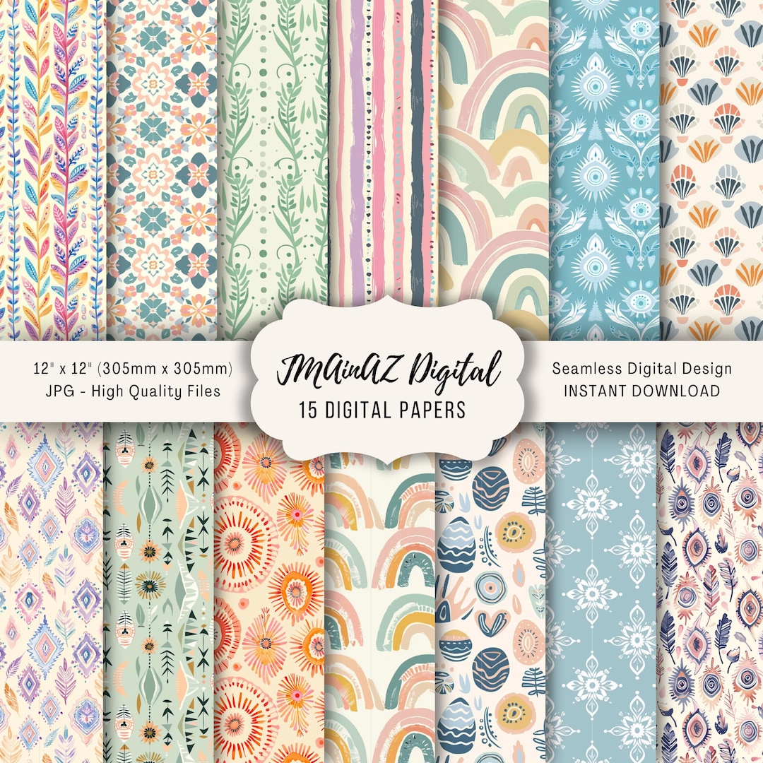 Pastel Boho Patterned Seamless Digital Paper Pack | Pack of 15, 12 X 12 ...