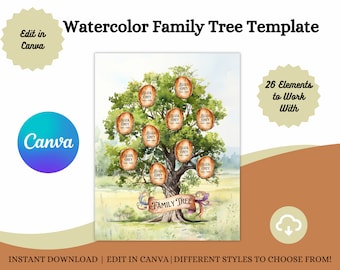 May include: Watercolor family tree template with a tree illustration. The tree has multiple oval-shaped name tags. The image includes the text "Edit in Canva", "Canva", and "26 Elements to Work With". The words "Family Tree" are also visible.