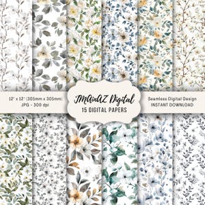 Weiße Blumen Nahtlos 12 "x 12" Digital Papier | 15er Pack | Für Digitale Scrapbooks, Junk Journals | Drucken oder digital verwenden
