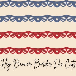 Pode incluir: Quatro filas de recortes de bandeiras de papel vermelho e azul com estrelas brancas. O texto "Flag Banner Border Die Cuts" está na parte inferior da imagem.
