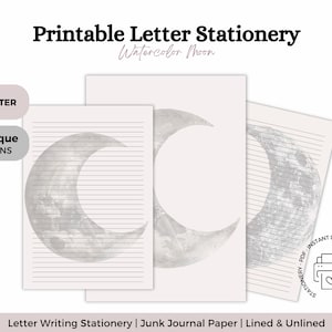 May include: Printable letter stationery featuring 19 unique designs with a watercolor moon illustration. The designs include lined and unlined options. US Letter size.