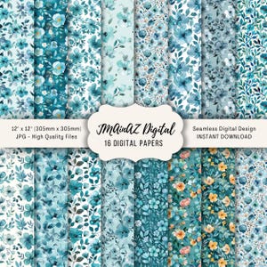 Floral türkis nahtlose digitales Papier | 16er Pack, 12 x 12 | Für Digitale Scrapbooks, Junk Journals | Drucken oder digital verwenden
