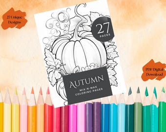 Puede incluir: Un libro para colorear con una ilustración de calabaza en blanco y negro, la palabra "OTOÑO" y "27 PÁGINAS". El libro está rodeado de lápices de colores. También se ven las palabras "27 Unique Designs" y "PDF Digital Download".