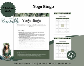 Yoga Bingo Cards for All Ages & Skill Levels | 5 Bingo Cards Pages: Yoga for Relaxation, Flexibility, Strength, Balance, and Energy | PDF