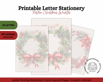May include: Printable letter stationery with festive Christmas wreath designs. The stationery features lined and unlined paper with watercolor illustrations of wreaths, holly, and red bows. Includes the text "US LETTER" and "20 unique designs".