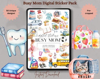 Beschäftigte Mama Digital Sticker Pack | 50 vorgeschnittene digitale PNG-Aufkleber für digitale Planer, Scrapbooks, Junk Journals | Persönlicher Gebrauch oder POD