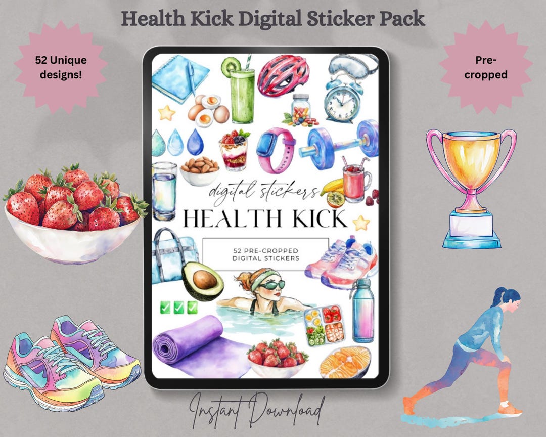 Health Kick Digital Sticker Pack | 52 Pre-cropped PNG Digital Sticker ...