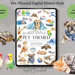 Pode incluir: Um pacote de adesivos digitais com 70 designs exclusivos que apresentam vários animais de estimação, incluindo gatos, cães, tartarugas, pássaros e peixes. Os adesivos são pré-cortados e prontos para download. O texto "digital stickers PET THEMED" é exibido na tela.