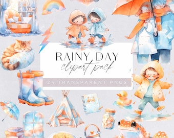 Rainy Day Clip Art Pack | 24 Transparent, Pre-Cropped, High Resolution, Watercolor PNG Clip Art | Professional or Personal Use