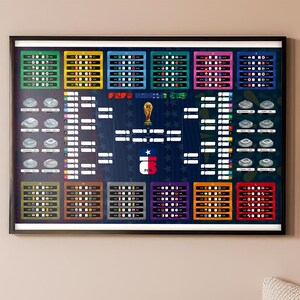 Op de afbeelding: Een ingelijste rechthoekige wandposter met een donkerblauwe FIFA World Cup toernooischema-afbeelding. Het ontwerp bevat kleurrijke rechthoekige groepsvakken, een centraal gouden trofee-icoon en witte lijnen op een donkere achtergrond.