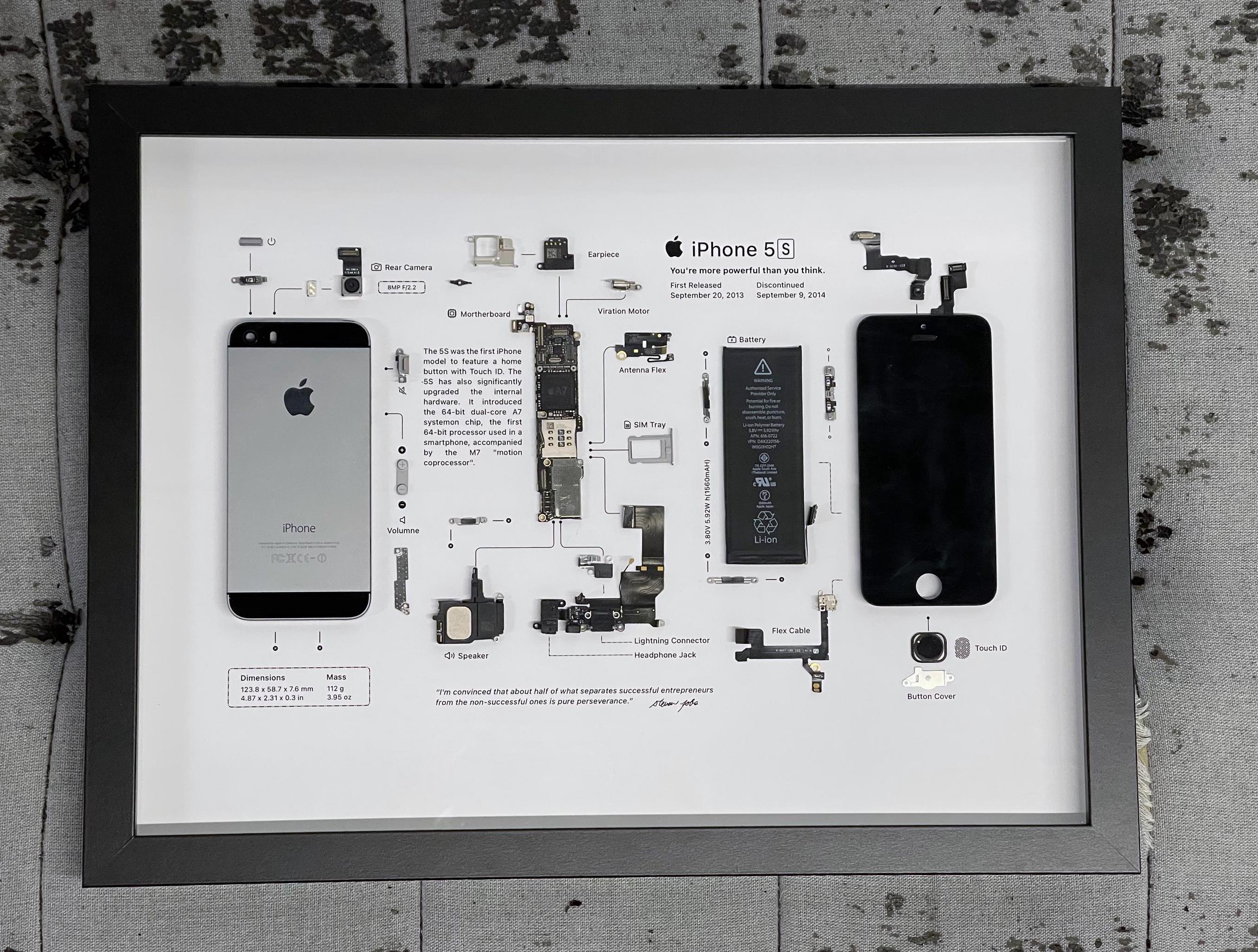 Disassembled iPhone 5 / 5S / SE Frame Art, Teardown With Framed