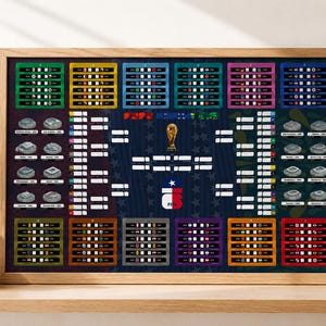 Op de afbeelding: Een ingelijste poster met het toernooischema voor het WK 2026, voorzien van een donkerblauwe achtergrond met sterrenpatronen, een centraal gouden trofee-icoon, het FIFA 2026-logo, kleurrijke groepsfase-schema's en diverse voetbalstadions.