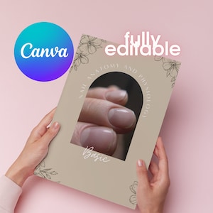 Pode incluir: Um guia imprimível bege com um design floral e o texto "Nail Anatomy and Physiology Basic" em um arco marrom. O guia apresenta uma imagem de close-up de uma mão com unhas nuas.