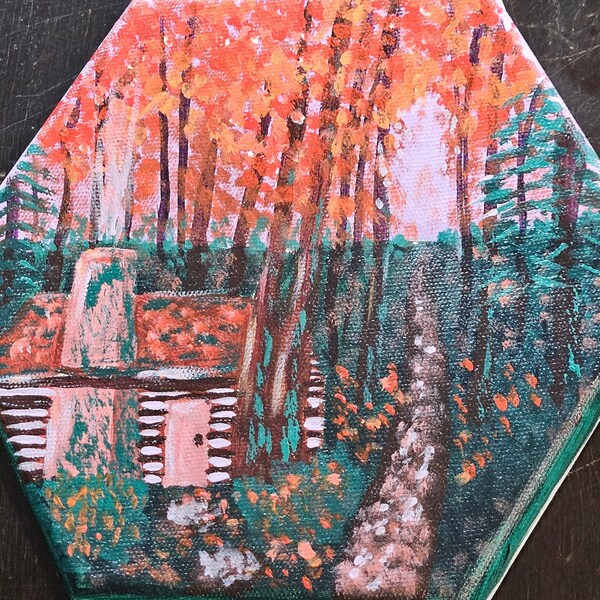 Fall cabin: acrylic hexagon painting