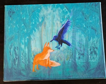 The Fox and The Raven: handmade original animal painting