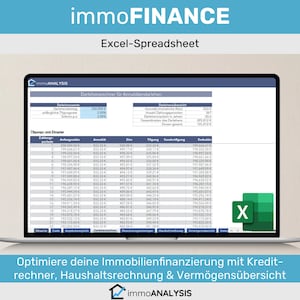 Può includere: Uno schermo di computer portatile che mostra un foglio di calcolo con il titolo "immoFINANCE Excel-Spreadsheet". Il foglio di calcolo mostra un calcolatore di prestiti per un prestito di annuitá. Il foglio di calcolo è in tedesco. Il computer portatile è su una superficie marrone chiaro. Il testo "Optimiere deine Immobilienfinanzierung mit Kredit-rechner, Haushaltsrechnung & Vermögensübersicht" è visualizzato sotto il computer portatile.