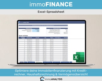 May include: A laptop computer screen displaying a spreadsheet with the title "immoFINANCE Excel-Spreadsheet". The spreadsheet shows a loan calculator for an annuity loan. The spreadsheet is in German. The laptop is on a light brown surface. The text "Optimiere deine Immobilienfinanzierung mit Kredit-rechner, Haushaltsrechnung & Vermögensübersicht" is displayed below the laptop.