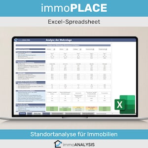 Może przedstawiać: Ekran laptopa wyświetlający arkusz kalkulacyjny z tytułem "immoPLACE Excel-Spreadsheet" i tekstem "Analyse der Makrolage (Kommunen & Städte)". Arkusz kalkulacyjny zawiera dane dotyczące różnych lokalizacji, w tym populacji, dochodów i cen nieruchomości. Laptop znajduje się na jasnoniebieskim tle z tekstem "Standortanalyse für Immobilien" i logo "immoANALYSIS" pod laptopem.