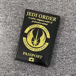 Funda para pasaporte de la Orden Jedi / Cartera de viaje de cuero sintético negro con logotipo Jedi dorado: regalo inspirado en Star Wars