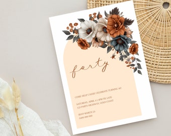 Orange Blumenbogen Geburtstagsfeier einladen | 30er | 40er | 50er | 60er Geburtstag | runder Geburtstag | Ausdruckbar |  Canva Vorlage