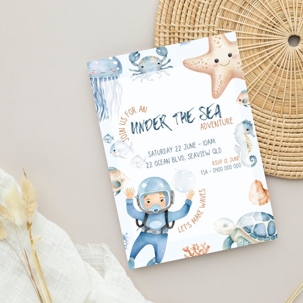 Under the Sea invitation | little boy scuba diver | under the sea party | scuba diving | Sea life | Sea animals | Canva template