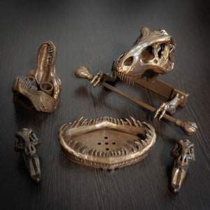 Set da bagno T-Rex: porta carta igienica, porta sapone, porta spazzolino, 2 ganci per asciugamani / Accessori da bagno a tema dinosauri