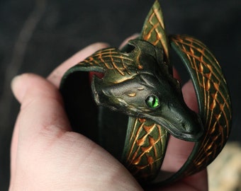 Dragon groene leren armband, ouroboros choker, drakenketting, leren manchet, groene armband