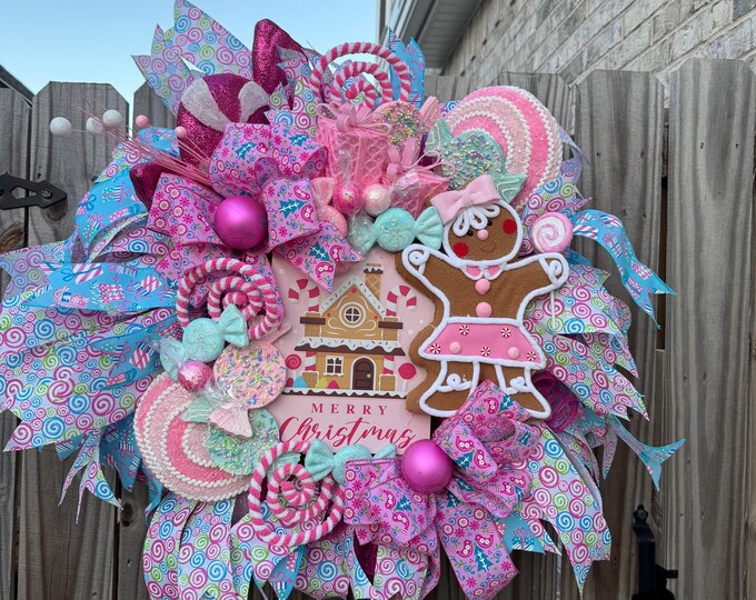 Pink Gingerbread Girl Christmas Wreath, Candy & Vintage Print Bow - Etsy