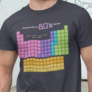 May include: A dark grey t-shirt with a periodic table design featuring 80's movies. The table is color-coded by genre: comedy, horror, fantasy, drama, and sci-fi.