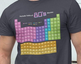 Periodic Table of 80's Movies T-Shirt: Colorful Tribute to Comedy, Horror, Sci-Fi, Fantasy, Action & Drama Genres Unisex T-shirt