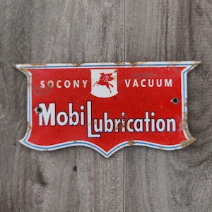 Vintage MOBILUBRICATION SOCONY VACUUM Pegasus Porcelain Enamel  Metal sign 6&quot; X 3&quot; Inch