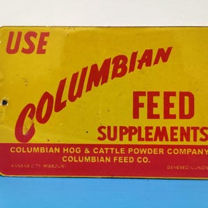 Vintage COLUMBIAN FEED SUPPLEMENTS Hog & Cattle Porcelain Enamel Metal sign 9&quot; X 5&quot; Inch