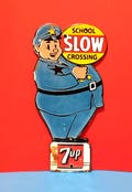 Vintage 7up School Crossing Sign: Porcelain Enamel Metal, 8" x 4"