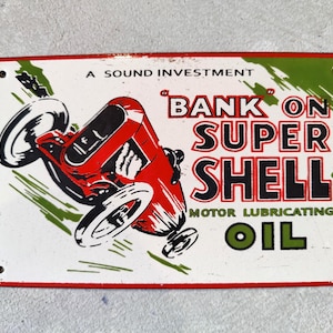 Vintage BANK On SUPER SHEL Porcelain Enamel Metal sign 8&quot; X 5&quot; Inch