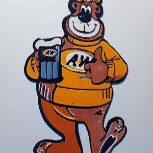 Placa de metal vintage A&W Root Beer Bear Rooty, em porcelana esmaltada, 20 x 12,5 cm (8" x 5")