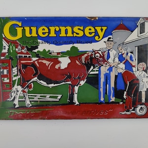 Vintage Guernsey Quality Feed Cow Porcelain Enamel Metal sign 8&quot; X 5&quot; Inch