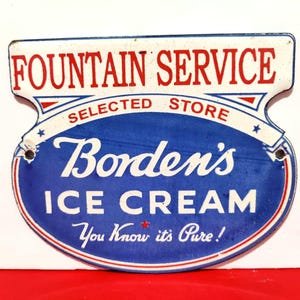Vintage BORDEN&#39;S ICE CREAM Fountain service Porcelain Enamel Metal sign 7&quot; X 3&quot; Inch