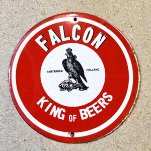 Vintage Falcon King of Beers Porcelain Sign - Amsterdam Holland Bar Decor