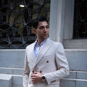 Double Breasted Slim Fit Cream Men&#39;s Suit