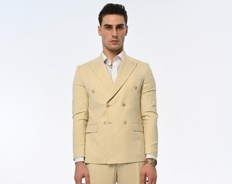 Double Breasted, Cream, Pin Stripe, Men’s Suit, Gold Button, Casual, Slim Fit, Classic Wear Men's Suit