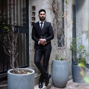 Three Piece Slim Fit Black Gold Buttons Men&#39;s Suit