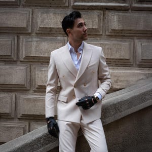 Double Breasted Slim Fit Cream Gold Buttons Men&#39;s Suit