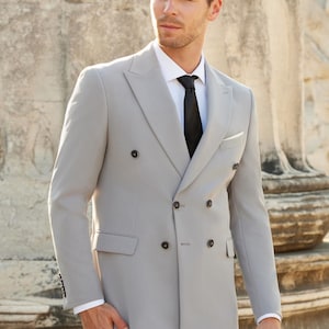 Double Breasted Slim Fit Gray Men&#39;s Suit