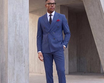 Orient Express Slim Fit Marineblauw Gestreept Dubbelknoops Pak