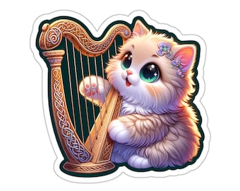 Irish Harp Cat Sticker // Irish Music Sticker for instrument case, laptop, or water bottle