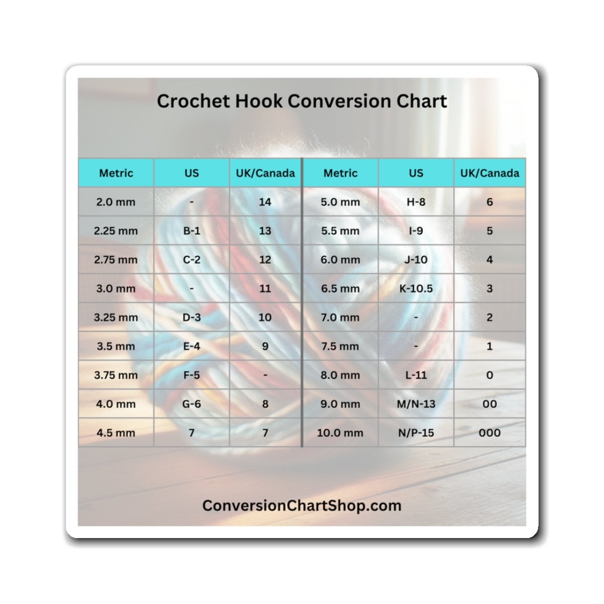 Crochet Hook Conversion Chart Magnet - Etsy