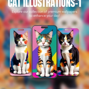 Set Of 5 Cats Cartoons Theme iPhone Samsung Smartphone Wallpaper Background Instant Digital Download For All Mobile Devices