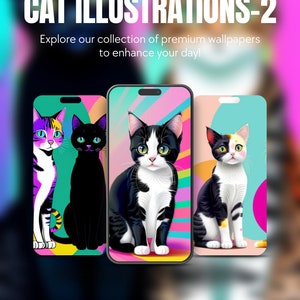 Set Of 5 Cats Cartoons Theme iPhone Samsung Smartphone Wallpaper Background Instant Digital Download For All Mobile Devices